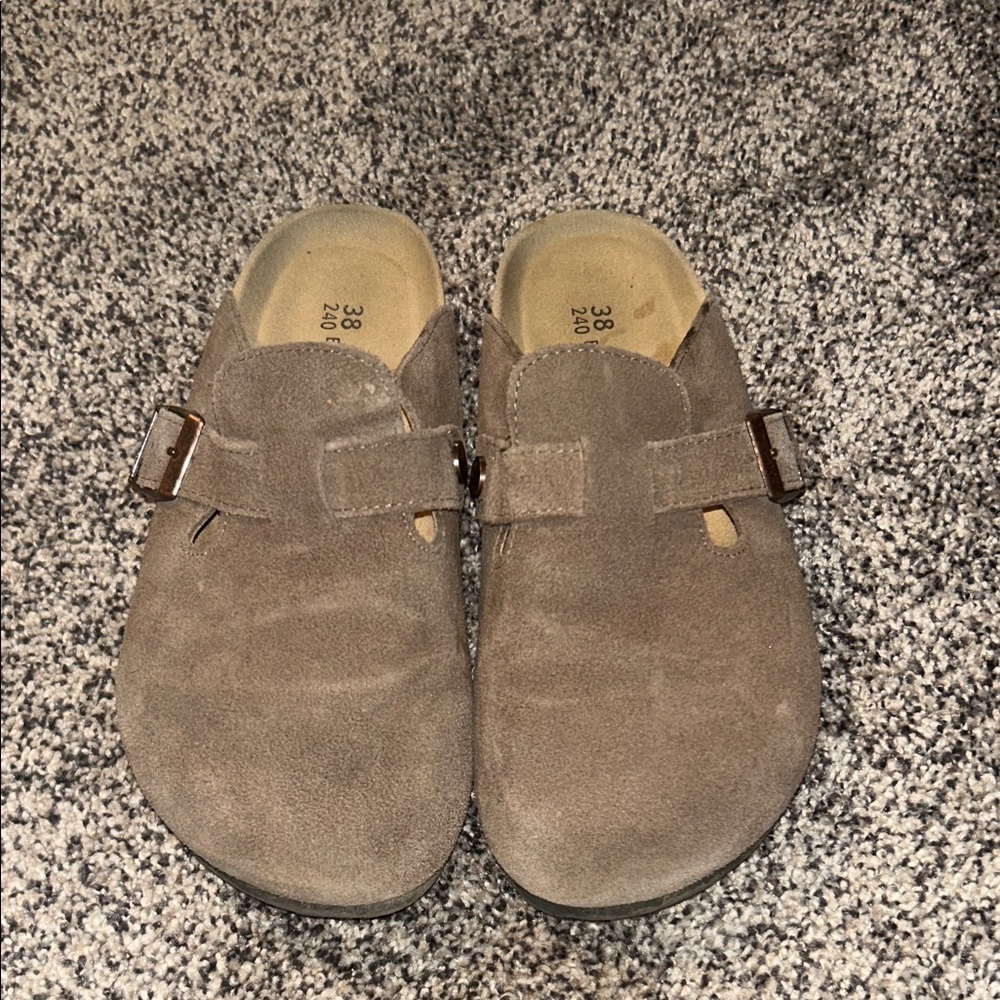 Women’s brown suede clogs